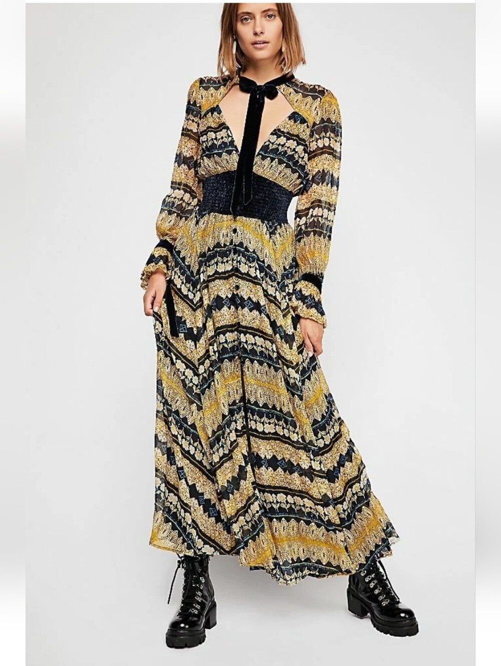 Nwot Free People In Dreams Boho Maxi Dress Sz Small Velvet Trim Boho